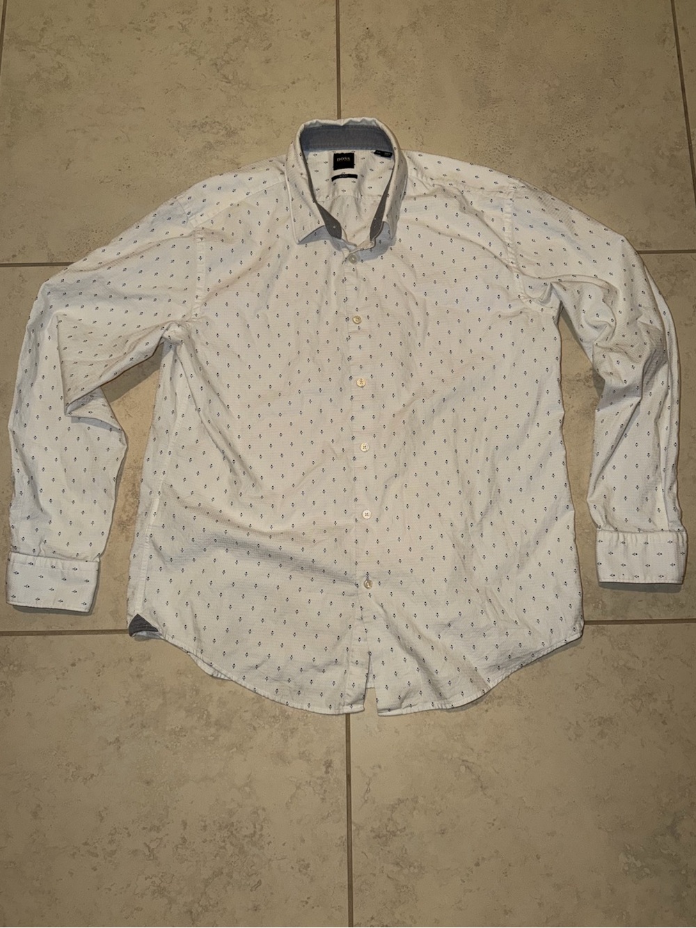 Hugo Boss Men's Slim Fit Geometric Print Button Down Shirt - White/Blue XXL